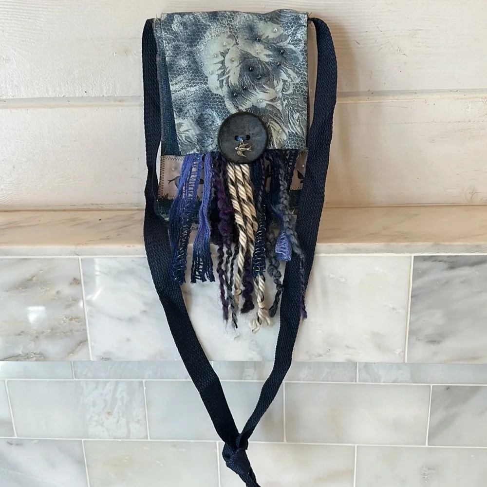 Cloth & Denim Blue Handmade Beaded Fringed  Positve Message Crossbody Bag